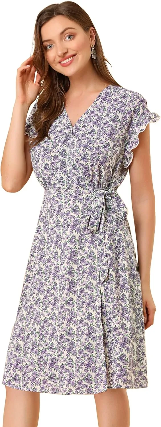 Allegra K Women's Ditsy Floral Print V Neck Ruffle Flutter Sleeve Belted Midi Wrap Dress