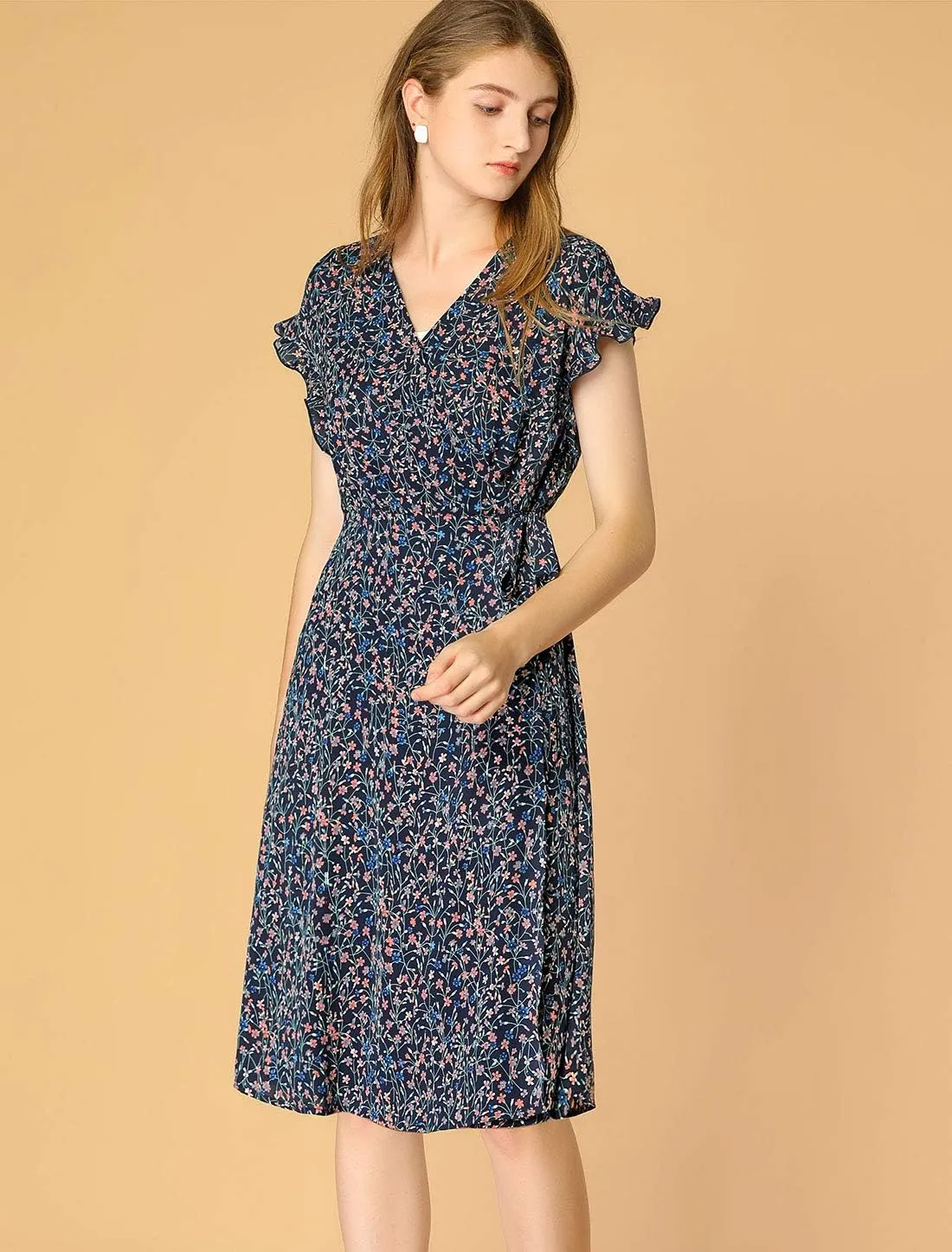 Allegra K Women's Ditsy Floral Print V Neck Ruffle Flutter Sleeve Belted Midi Wrap Dress