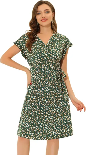 Allegra K Women's Ditsy Floral Print V Neck Ruffle Flutter Sleeve Belted Midi Wrap Dress