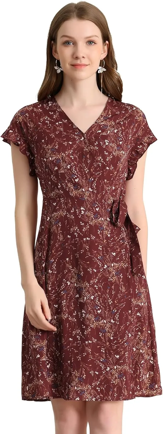 Allegra K Women's Ditsy Floral Print V Neck Ruffle Flutter Sleeve Belted Midi Wrap Dress
