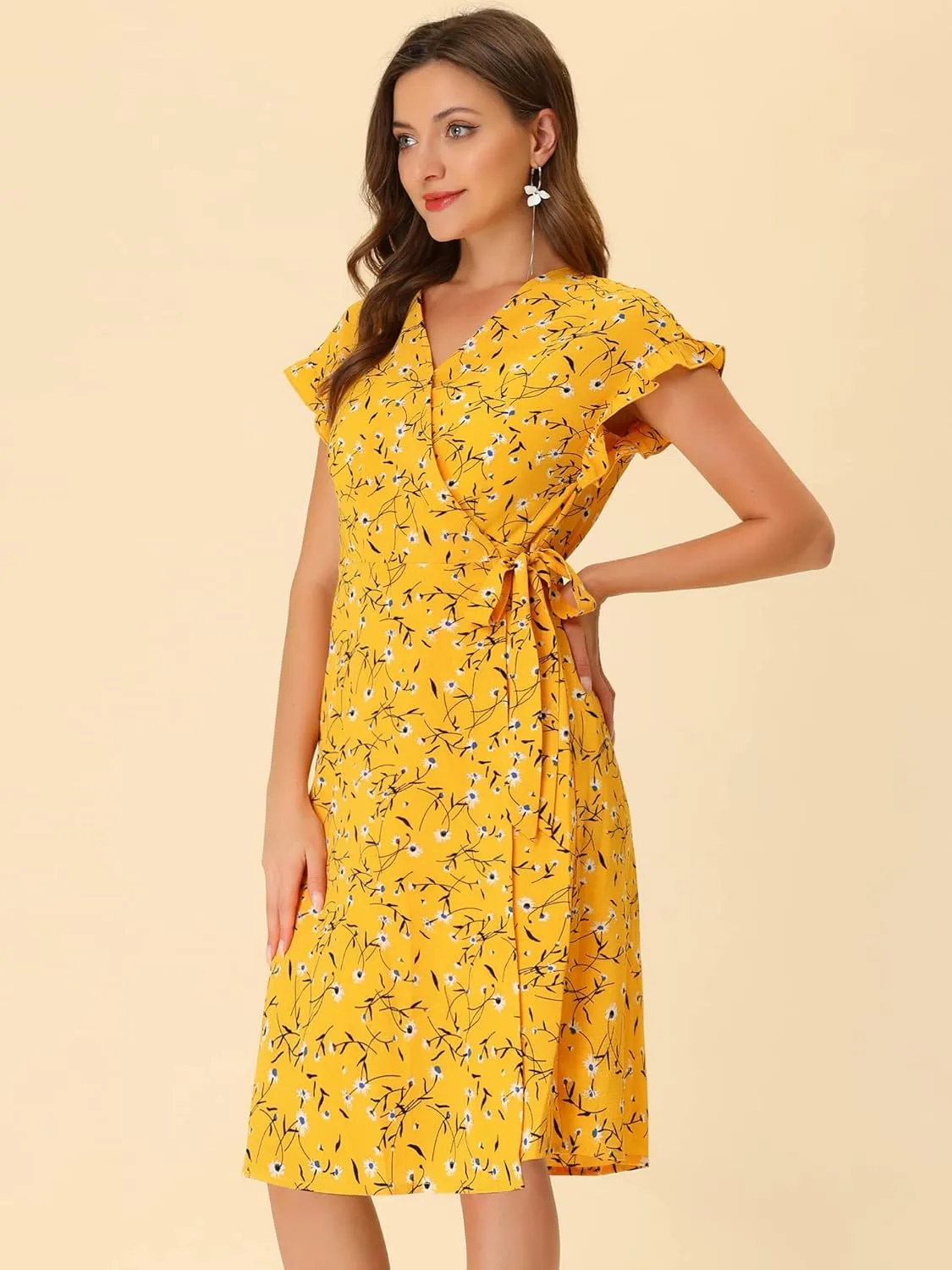 Allegra K Women's Ditsy Floral Print V Neck Ruffle Flutter Sleeve Belted Midi Wrap Dress