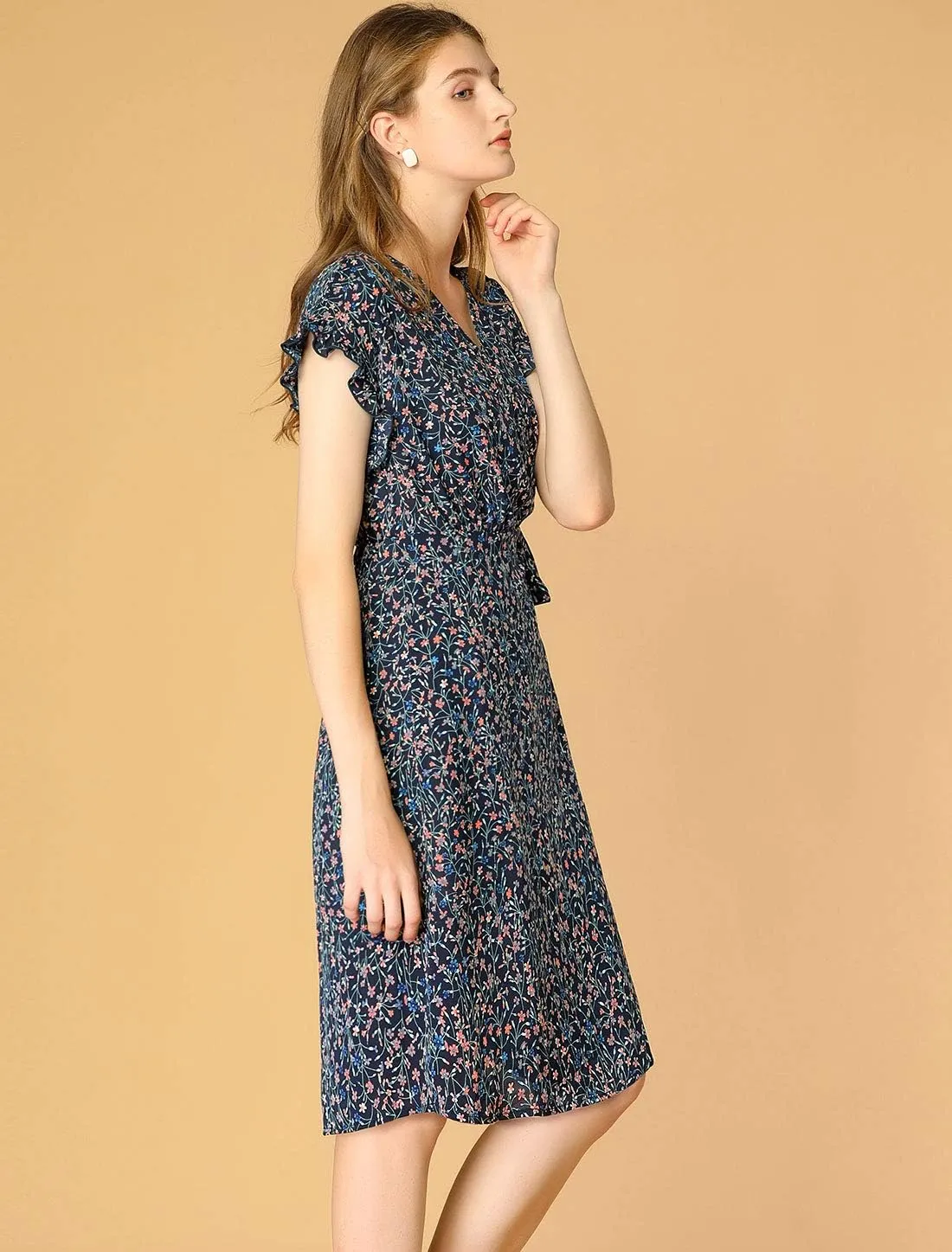 Allegra K Women's Ditsy Floral Print V Neck Ruffle Flutter Sleeve Belted Midi Wrap Dress