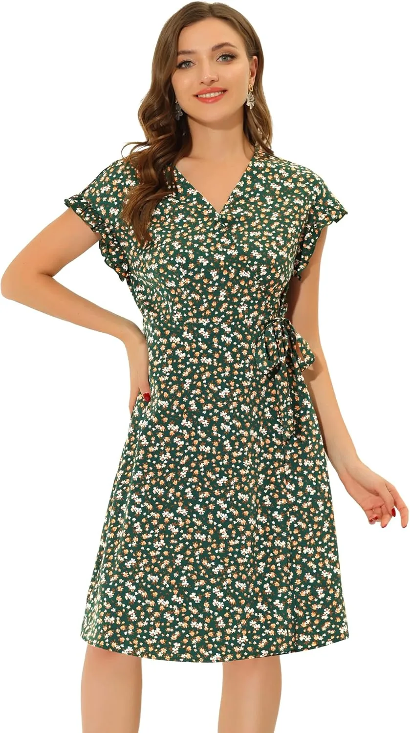Allegra K Women's Ditsy Floral Print V Neck Ruffle Flutter Sleeve Belted Midi Wrap Dress