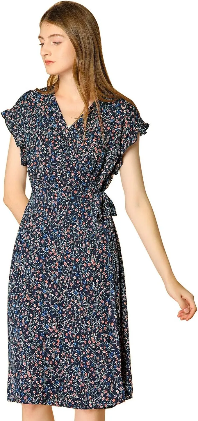 Allegra K Women's Ditsy Floral Print V Neck Ruffle Flutter Sleeve Belted Midi Wrap Dress