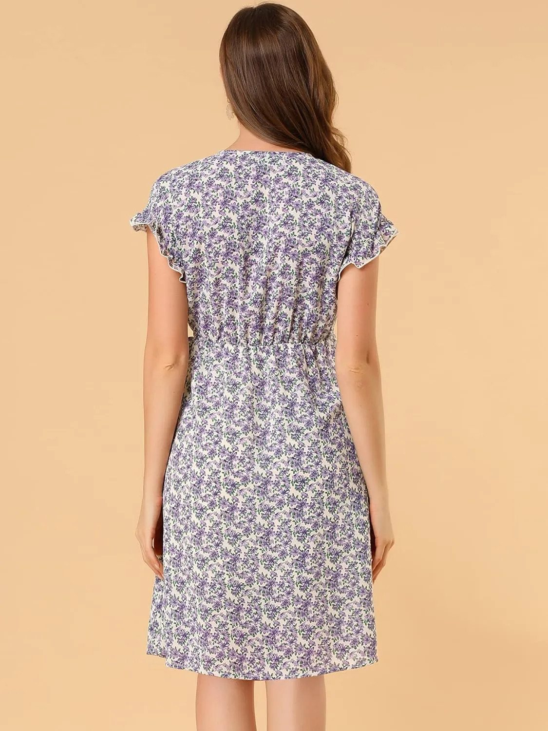 Allegra K Women's Ditsy Floral Print V Neck Ruffle Flutter Sleeve Belted Midi Wrap Dress
