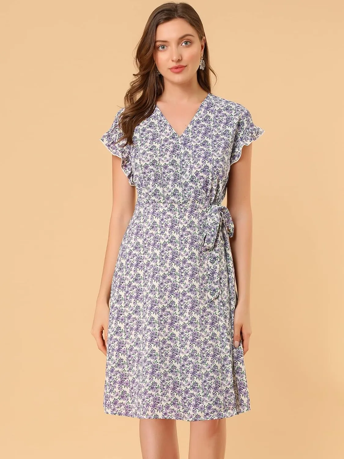 Allegra K Women's Ditsy Floral Print V Neck Ruffle Flutter Sleeve Belted Midi Wrap Dress