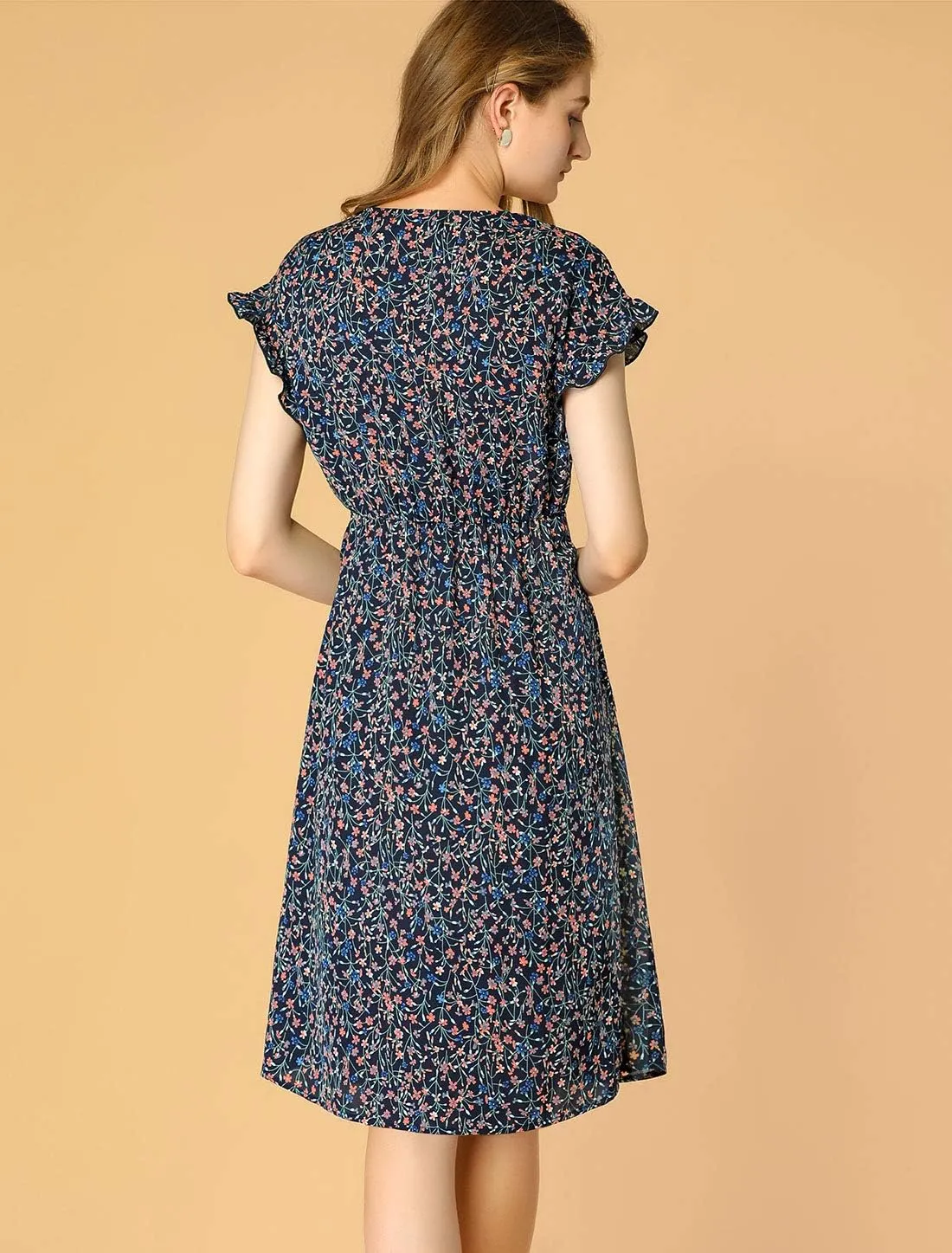 Allegra K Women's Ditsy Floral Print V Neck Ruffle Flutter Sleeve Belted Midi Wrap Dress
