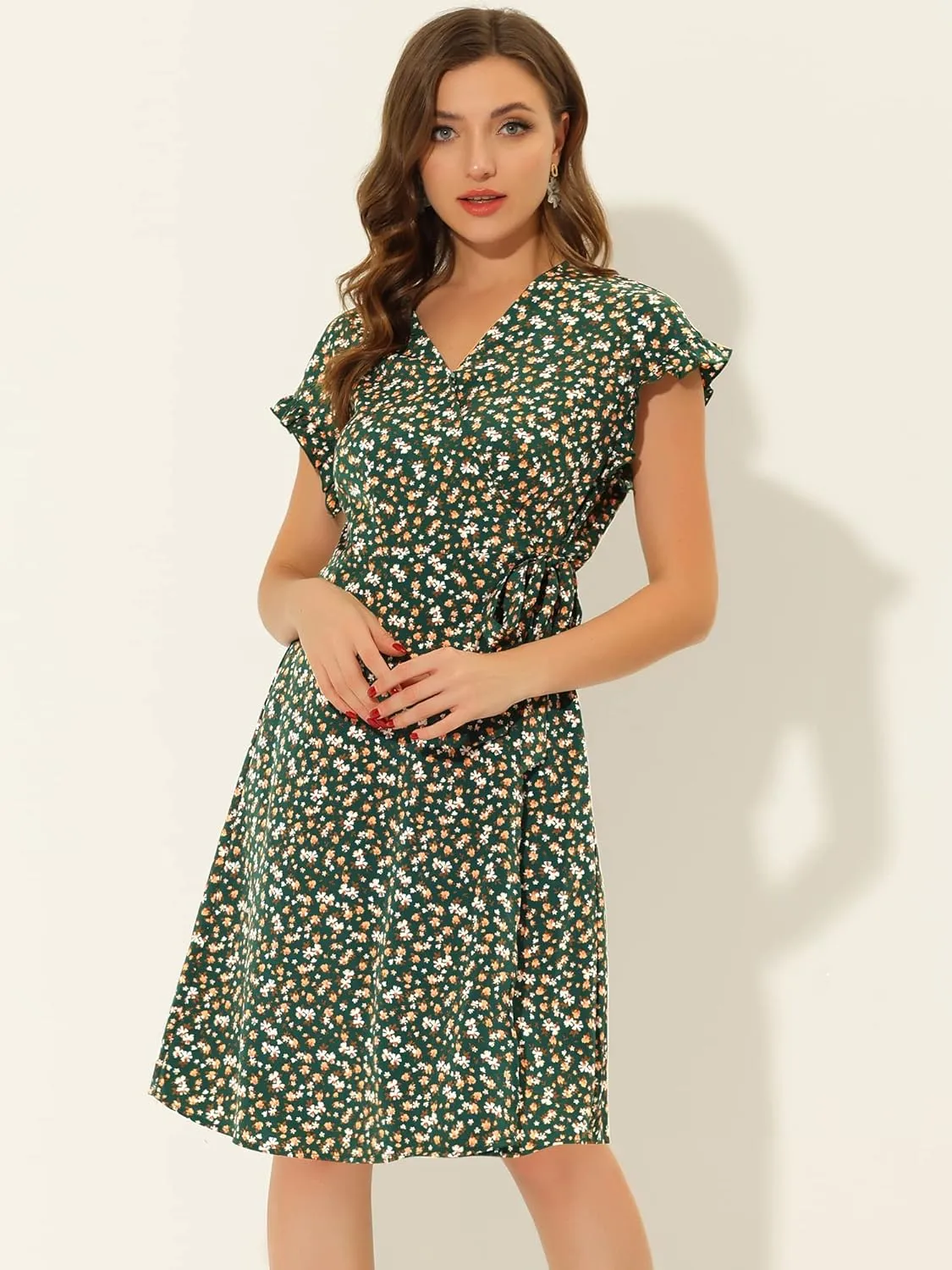 Allegra K Women's Ditsy Floral Print V Neck Ruffle Flutter Sleeve Belted Midi Wrap Dress