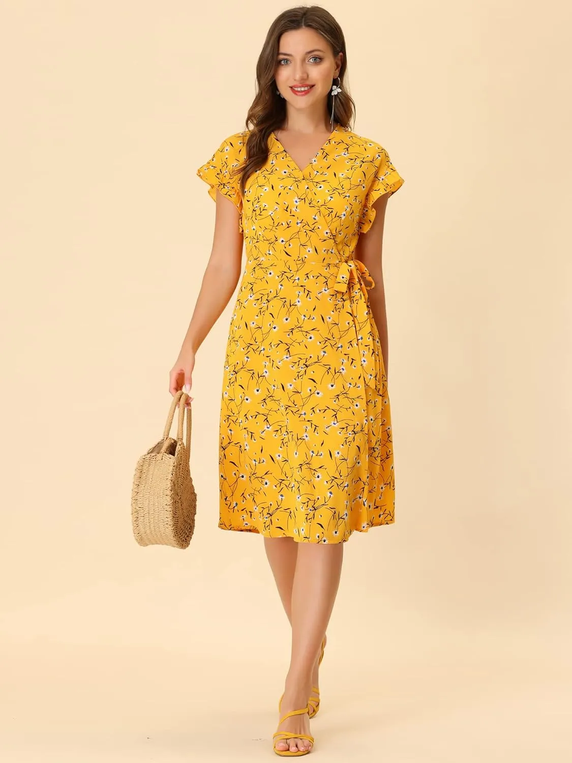 Allegra K Women's Ditsy Floral Print V Neck Ruffle Flutter Sleeve Belted Midi Wrap Dress