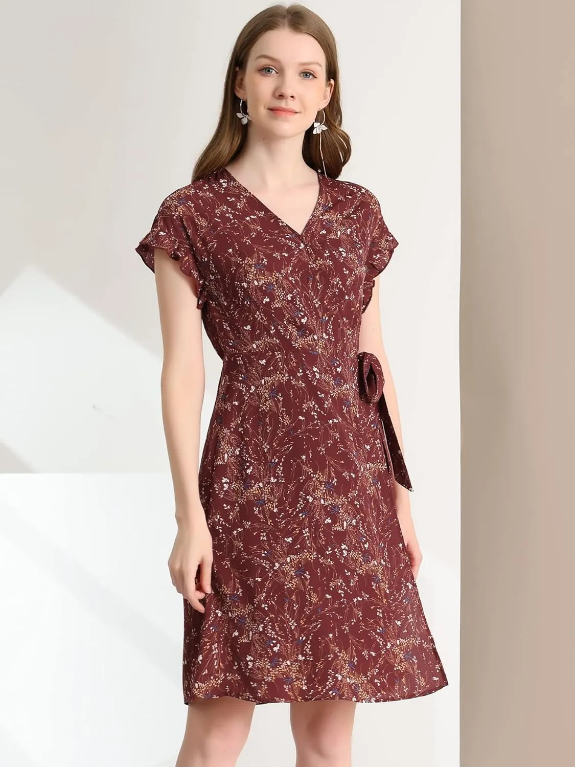 Allegra K Women's Ditsy Floral Print V Neck Ruffle Flutter Sleeve Belted Midi Wrap Dress