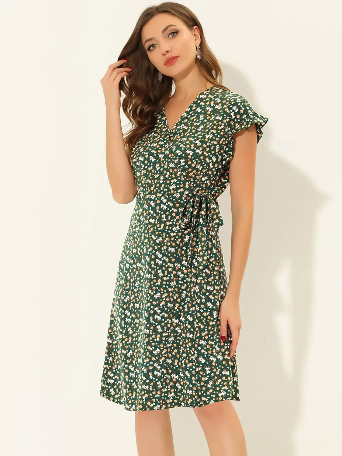 Allegra K Women's Ditsy Floral Print V Neck Ruffle Flutter Sleeve Belted Midi Wrap Dress