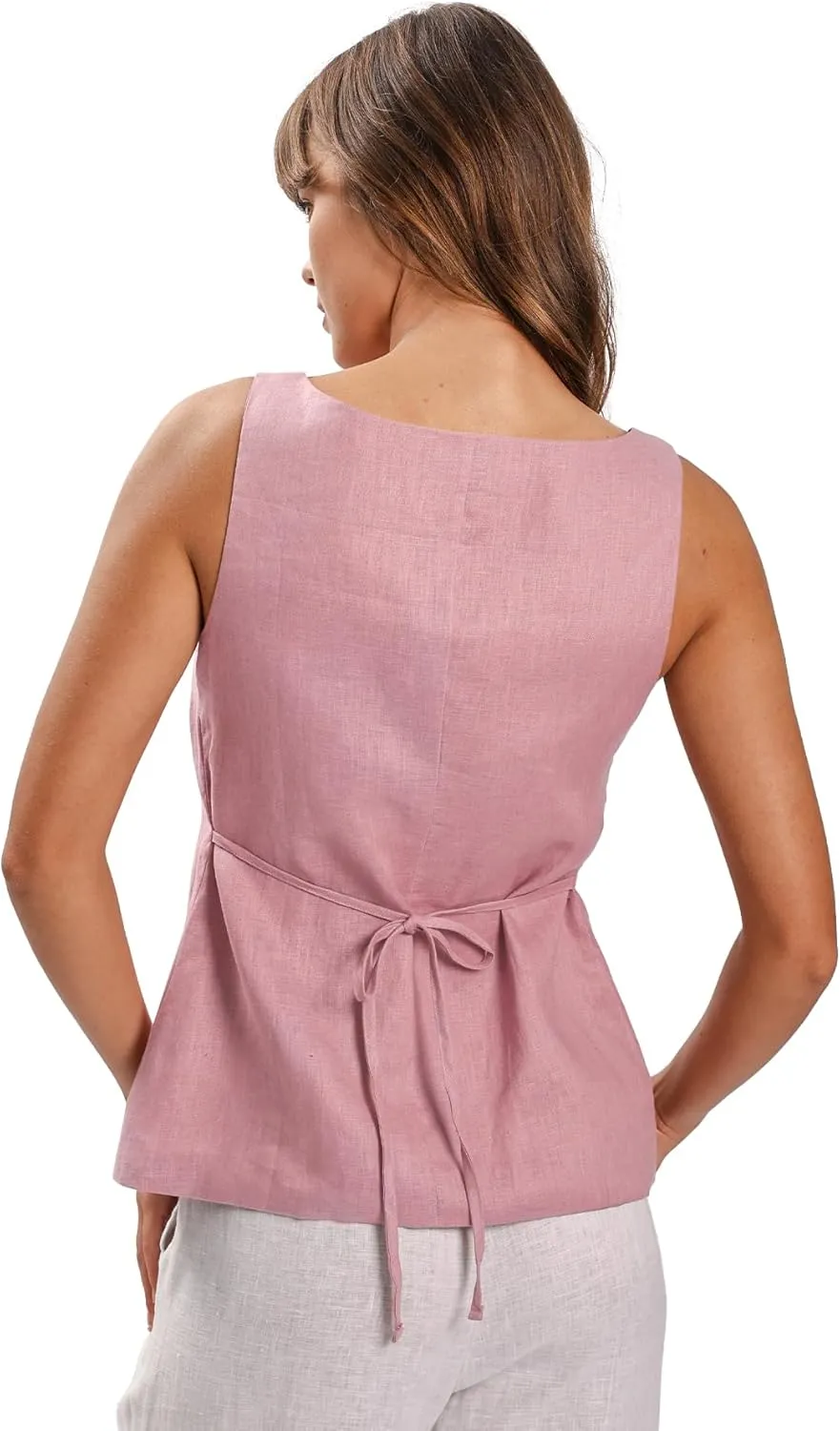 Amazhiyu Women's 100% Linen Square Neck Vest Tops Button Up Sleeveless Waistcoat
