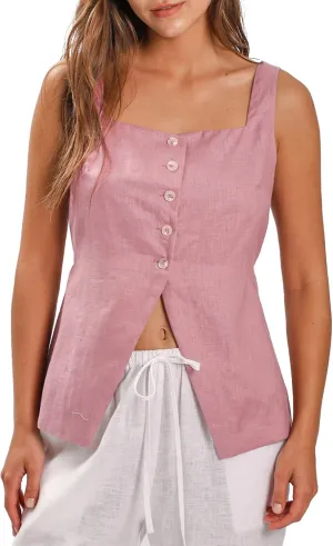 Amazhiyu Women's 100% Linen Square Neck Vest Tops Button Up Sleeveless Waistcoat