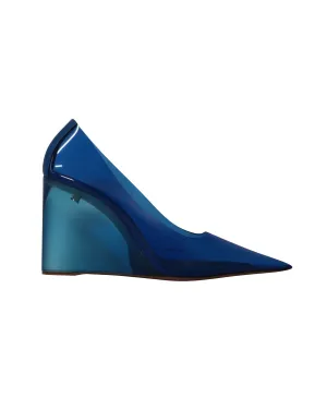 Amina Muaddi Ane Glass Wedge Pumps in Blue PVC Party Night