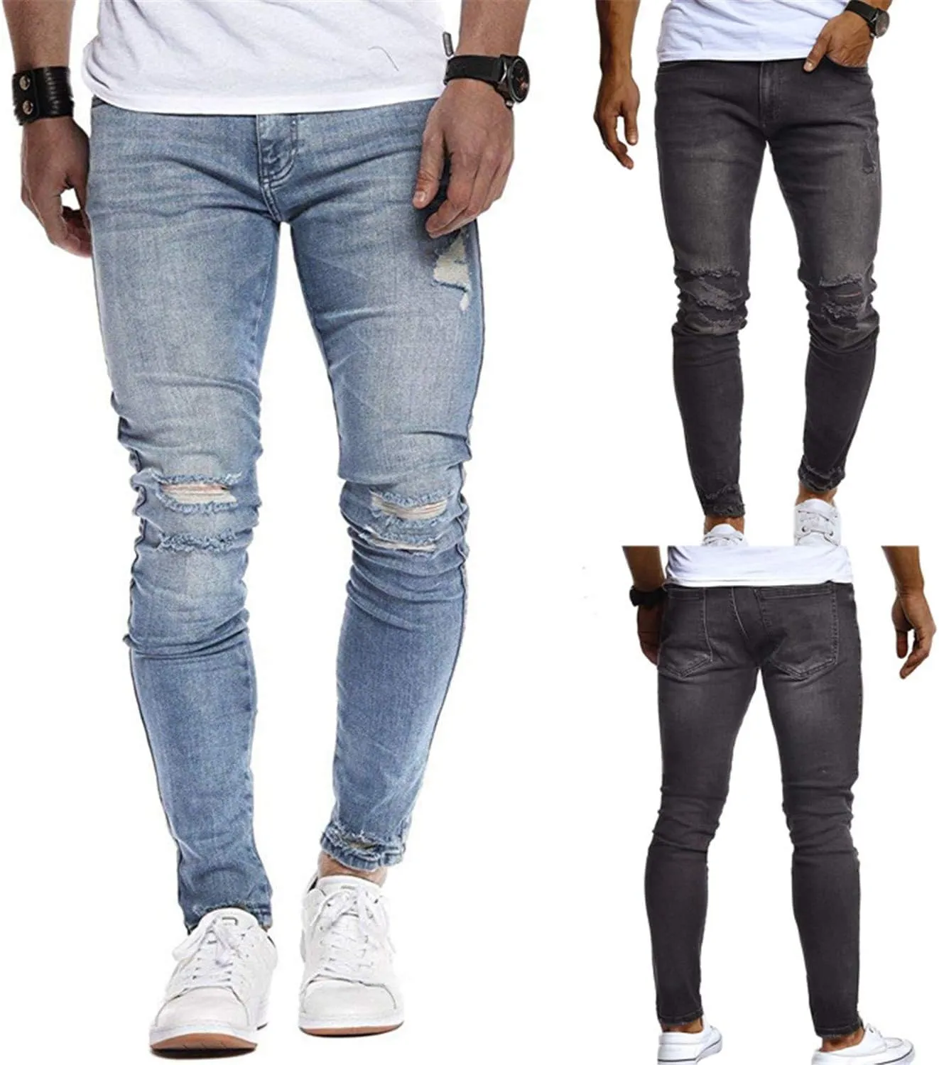 Andongnywell Skinny Jeans for Men Ripped Destroyed Slim Fit Jean Knee Holes Stretchy Denim Pants Zipper Jeans with Holes
