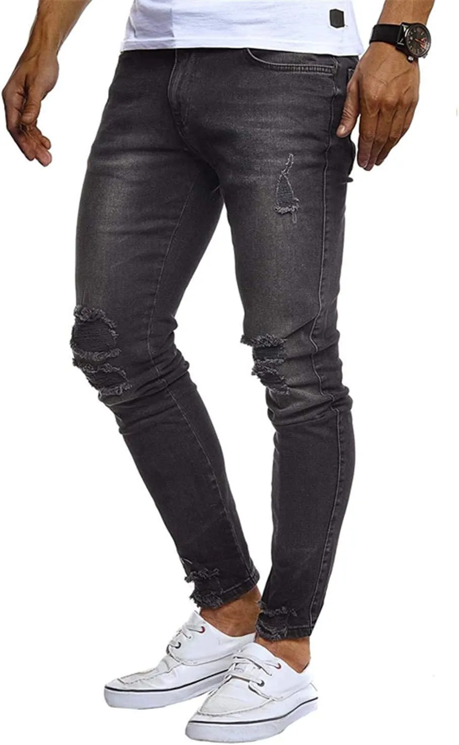 Andongnywell Skinny Jeans for Men Ripped Destroyed Slim Fit Jean Knee Holes Stretchy Denim Pants Zipper Jeans with Holes