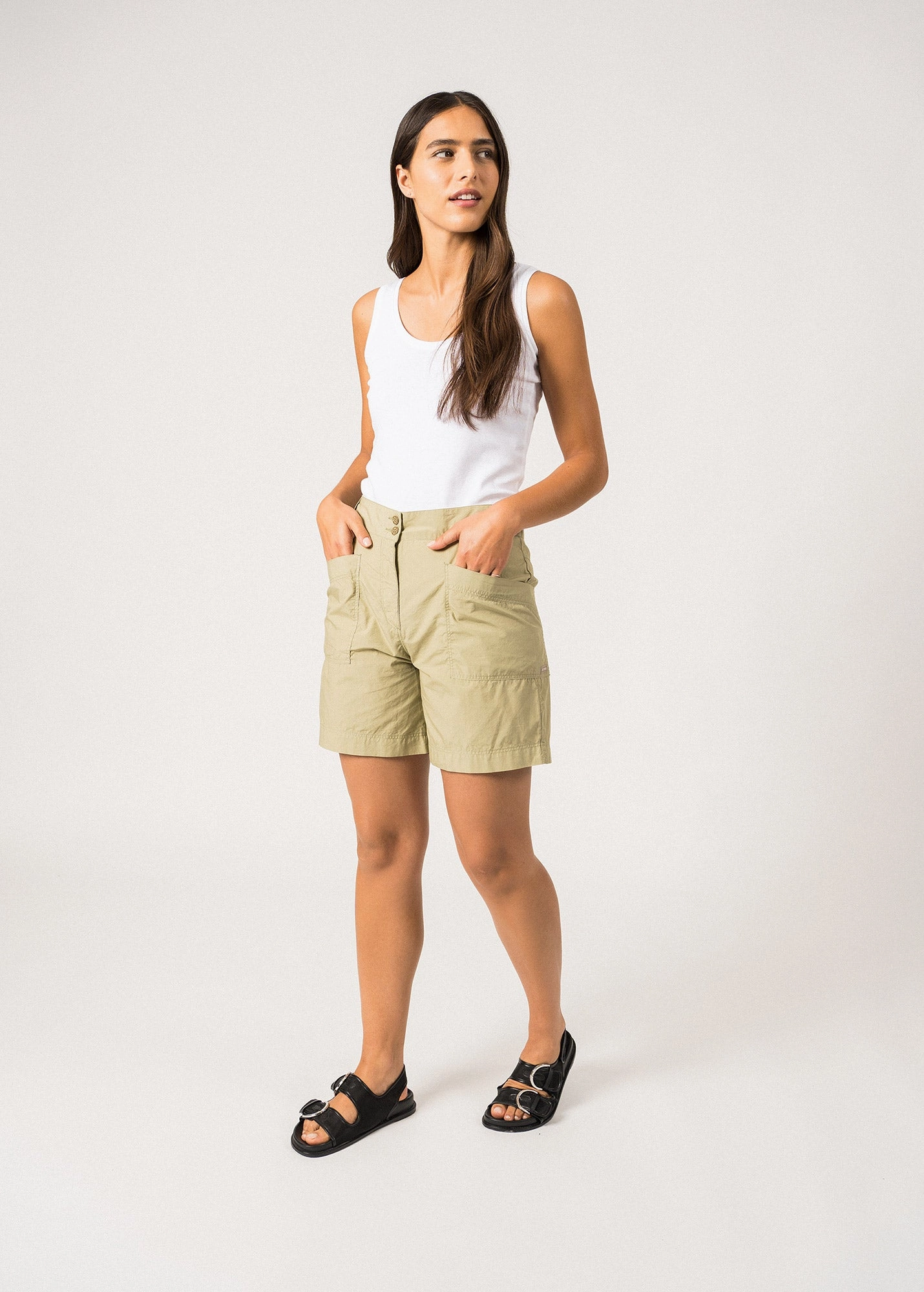 ANNA - Shorts with Large Pockets for Women | Lightweight Cotton Canvas | Relaxed Fit (SOFT ALMOND) Minimal Touch