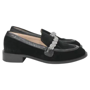 Stuart Weitzman Crystal-Embellished Chain-Link Loafers in Black Suede Open Steps