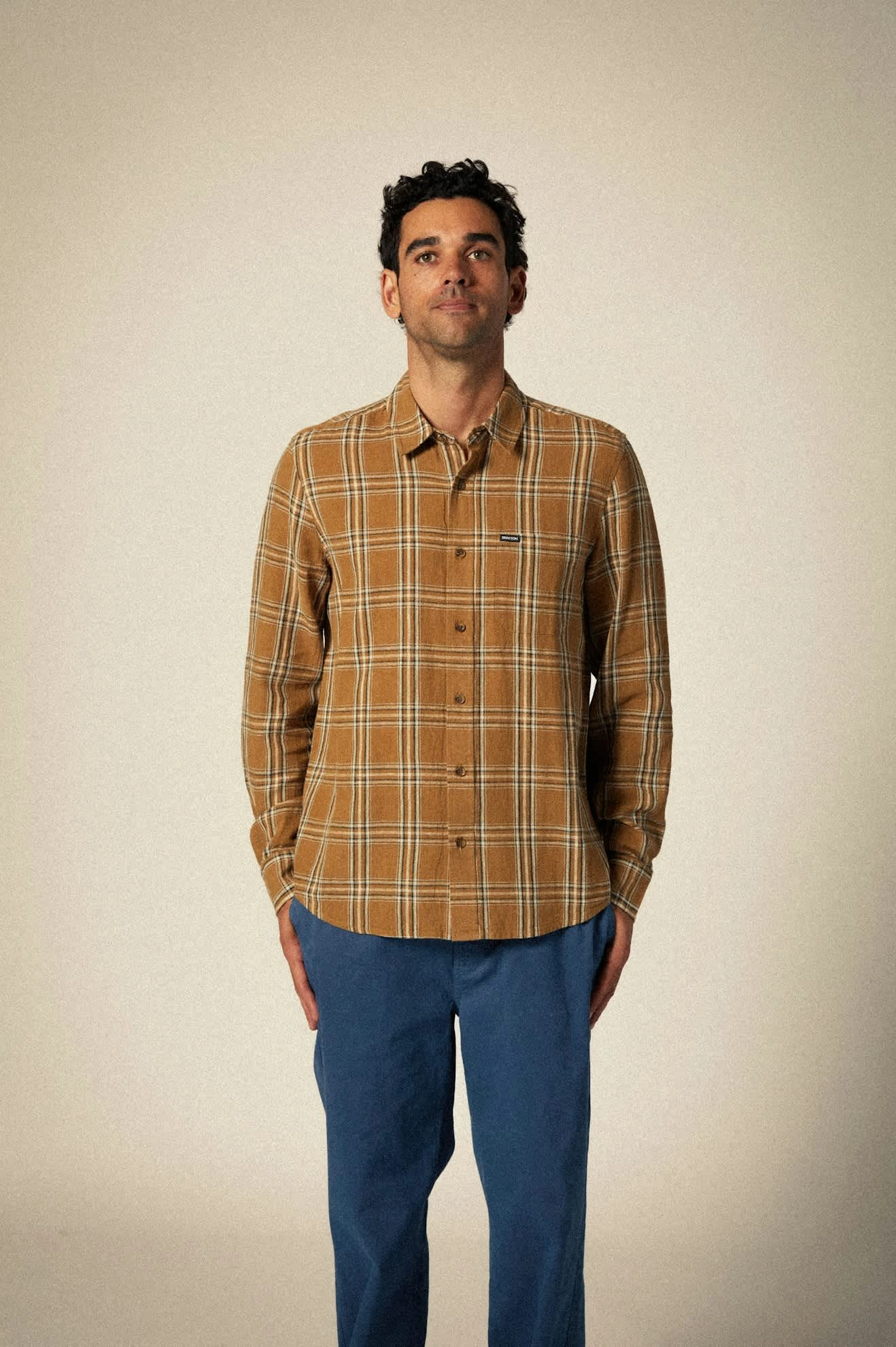 Charter Linen Blend L/S Shirt - Washed Copper/Whitecap Plaid Round Collar Gift Idea