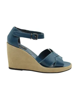 Confident Pace Wave Cut A.P.C Wedge Sandals in Blue Cowhide Leather