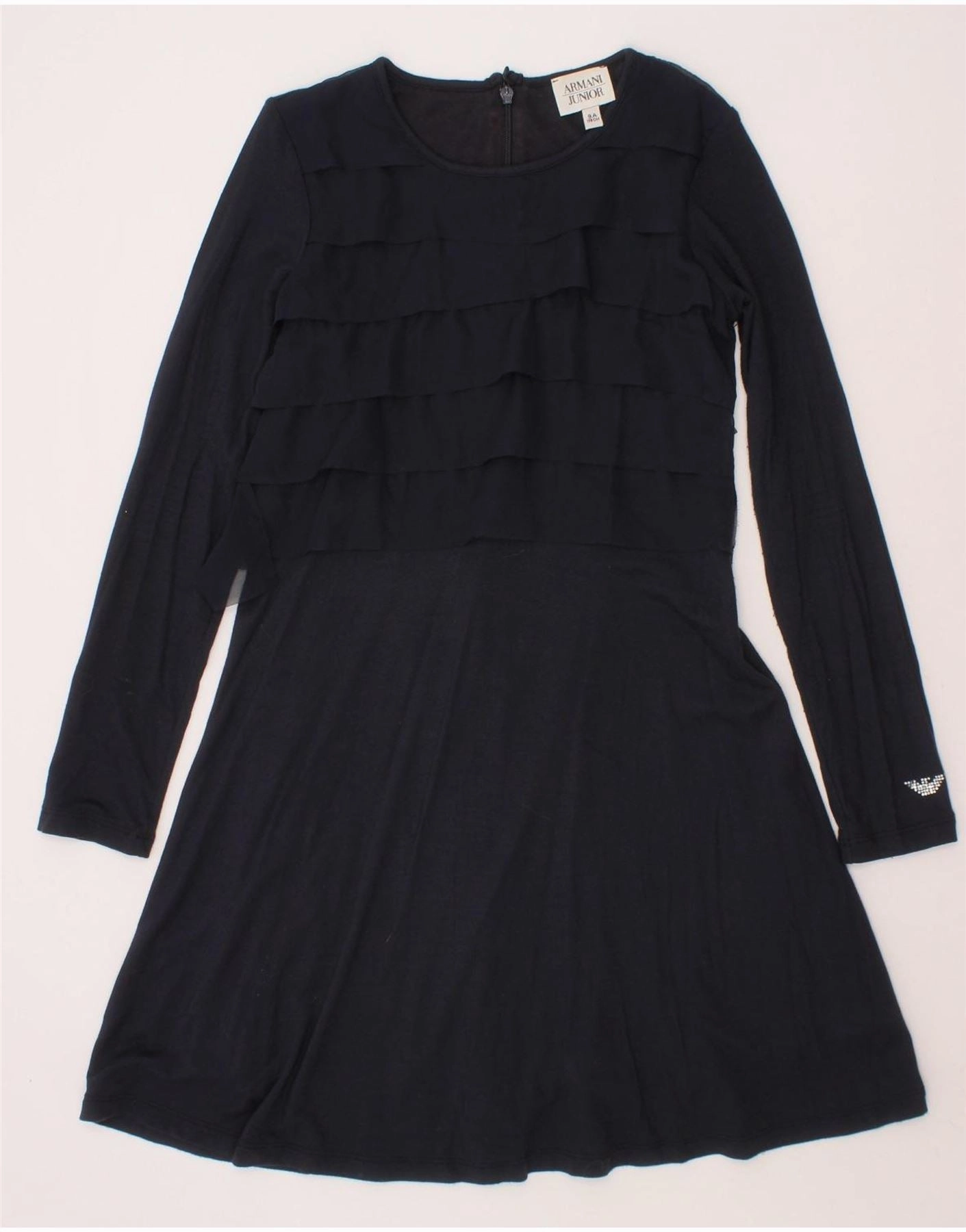ARMANI JUNIOR Girls Long Sleeve A-Line Dress 8-9 Years Navy Blue Viscose Earth Colors Grace Walk