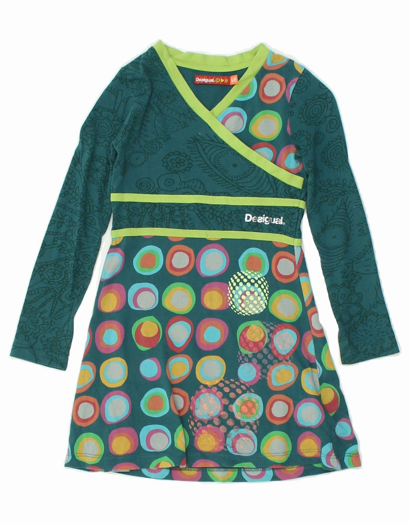 DESIGUAL Girls Long Sleeve Basic Dress 5-6 Years Green Patchwork Cotton Clean Flow Flattering Cut