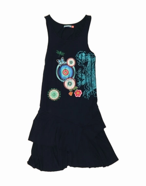 DESIGUAL Girls Graphic A-Line Dress 13-14 Years Navy Blue Floral Anti-bacterial Silk Shine