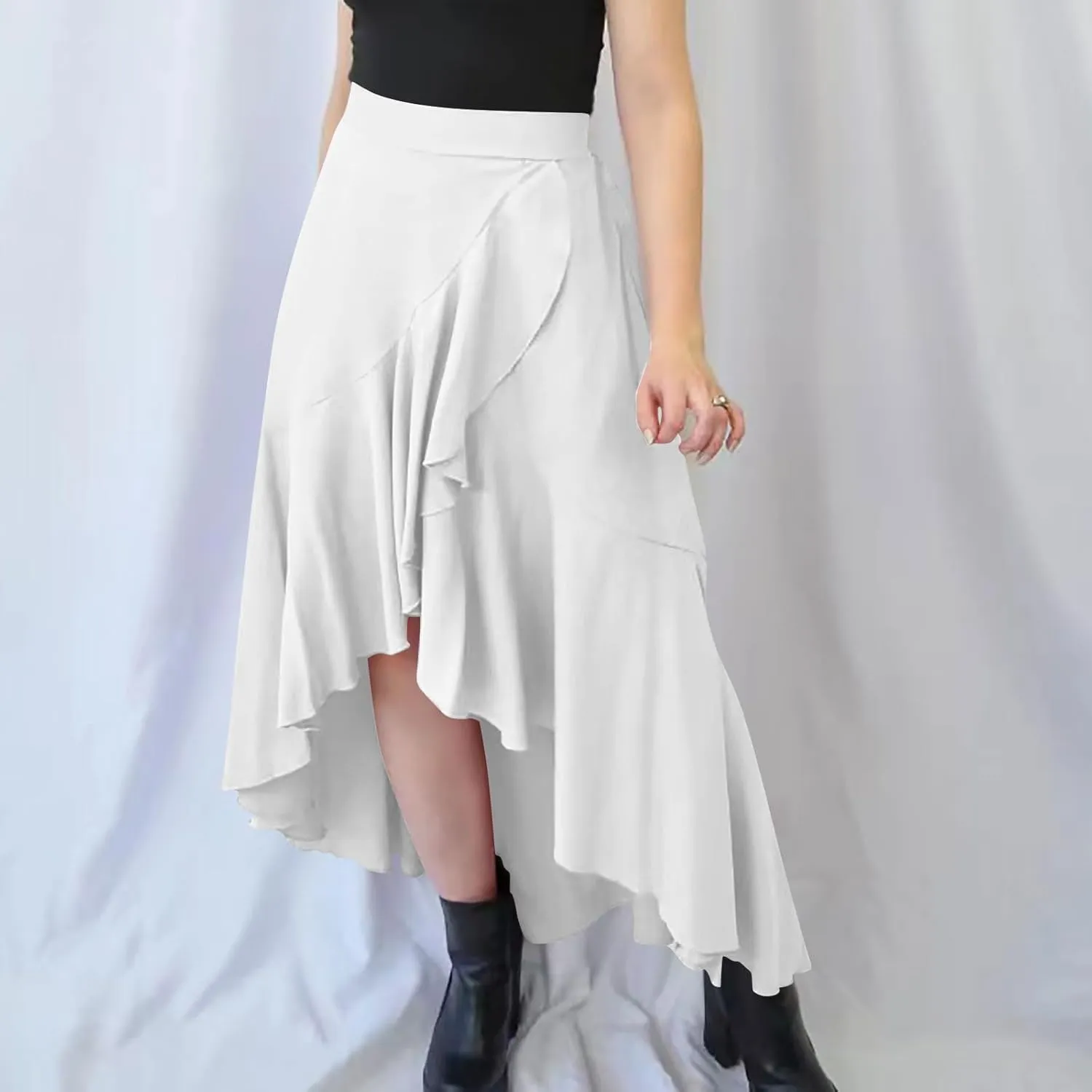 Asymmetrical Ruffle Hem Skirt for Women Summer Elegant Flowy High Low Skorts Casual Loose Flowy Beach A-Line Skirts