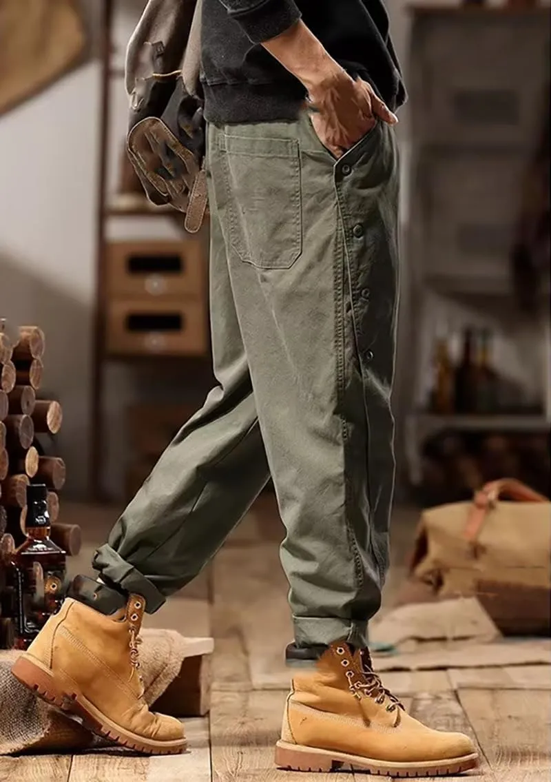 Autumn Winter Loose Casual Vintage Pants Men Elastic Waist Buttons Cotton Sweatpants Male Trousers