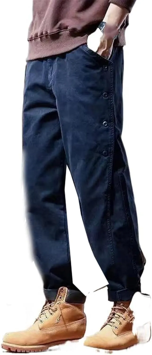 Autumn Winter Loose Casual Vintage Pants Men Elastic Waist Buttons Cotton Sweatpants Male Trousers