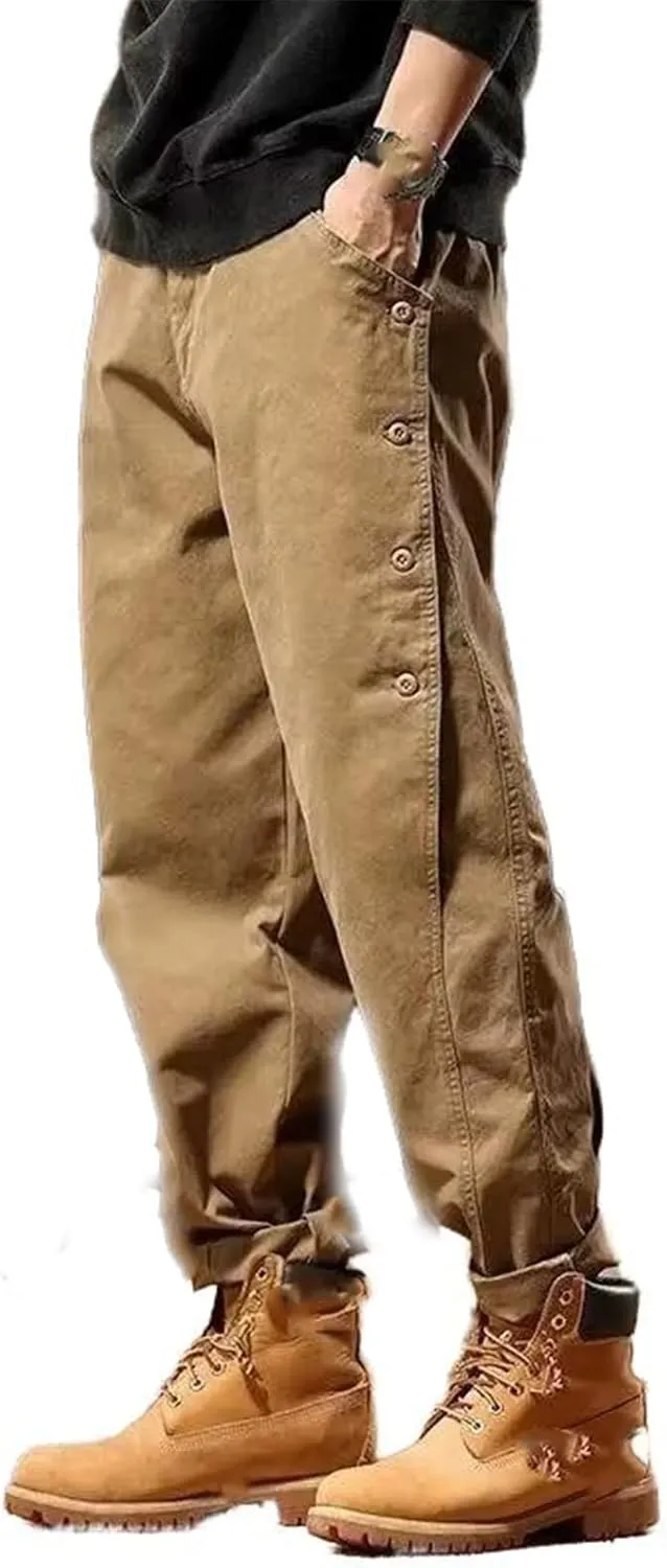 Autumn Winter Loose Casual Vintage Pants Men Elastic Waist Buttons Cotton Sweatpants Male Trousers