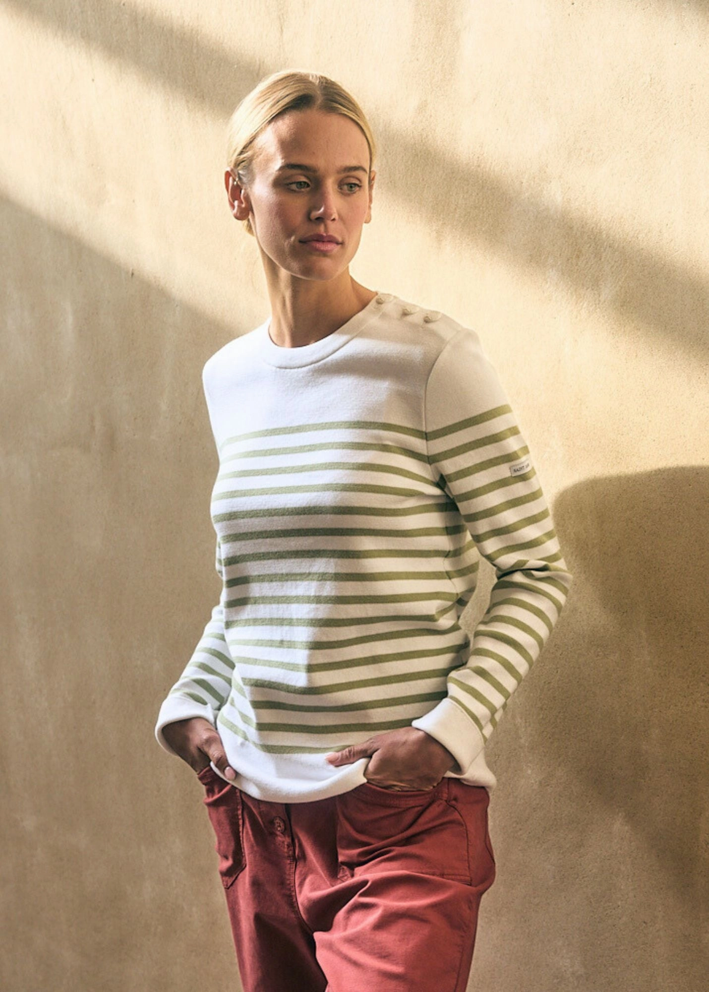 Abrasion Resistant Seams AVIGNON - Striped Sweater With Button Shoulder for Women | 100% organic cotton (WHITE / SOFT ALMOND)
