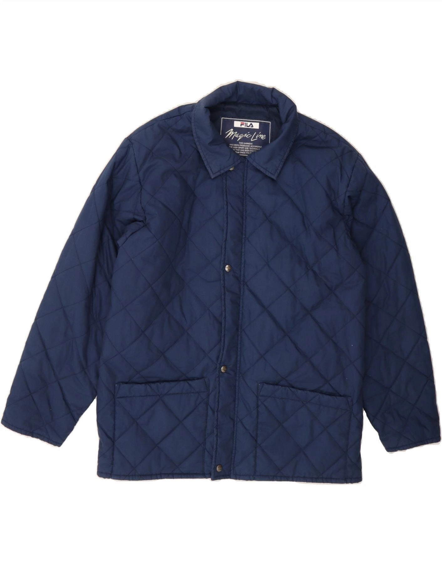 FILA Boys Quilted Jacket 13-14 Years Large Navy Blue Argyle/Diamond Facilitate suitable for product launches