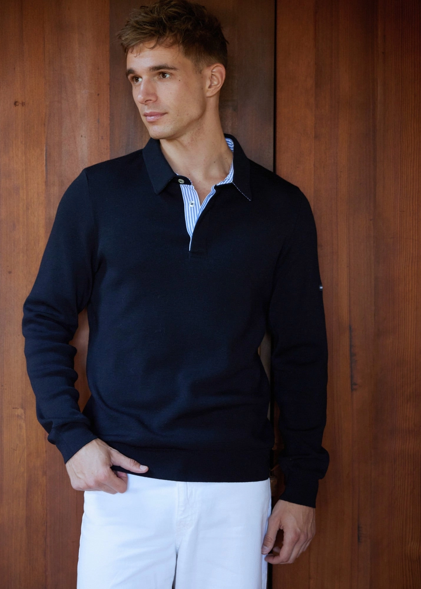Snuggle Wear BADEN - Knit Polo Sweater with Striped Placket (NAVY)