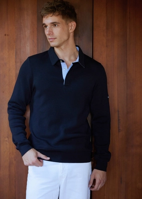 Cozy Knitwear BADEN - Knit Polo Sweater with Striped Placket (NAVY)