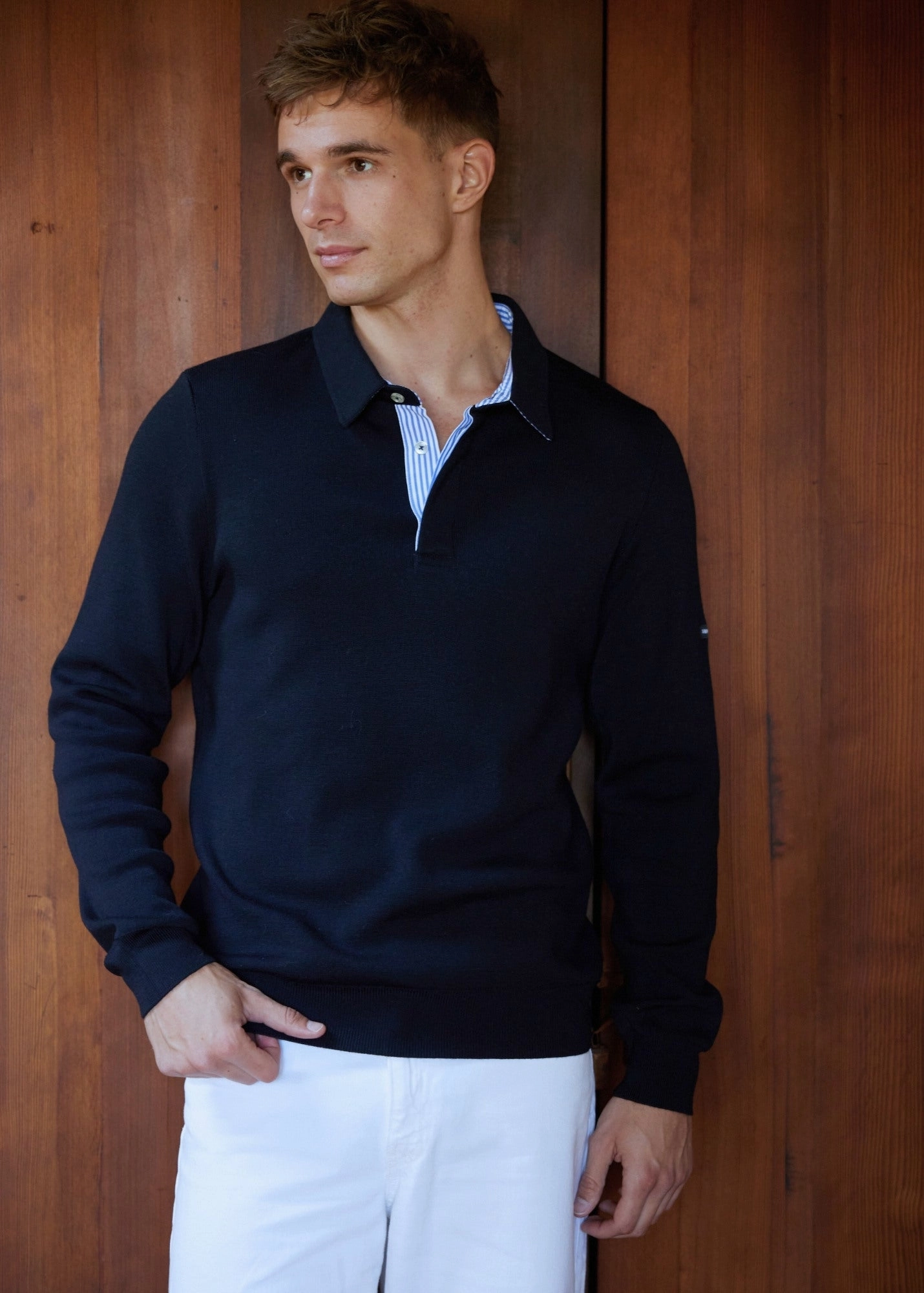 Cozy Knitwear BADEN - Knit Polo Sweater with Striped Placket (NAVY)