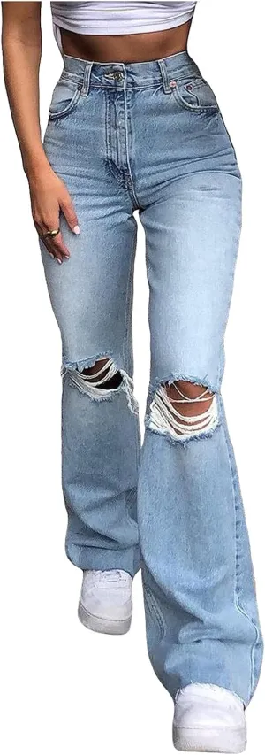 Baggy Jeans, Women's Boyfriend Jeans with Destructed Blown Knee and Rolled Cuff