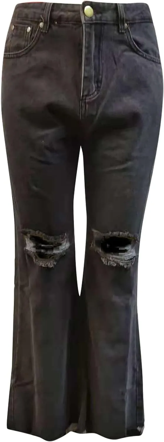 Baggy Jeans, Women's Boyfriend Jeans with Destructed Blown Knee and Rolled Cuff