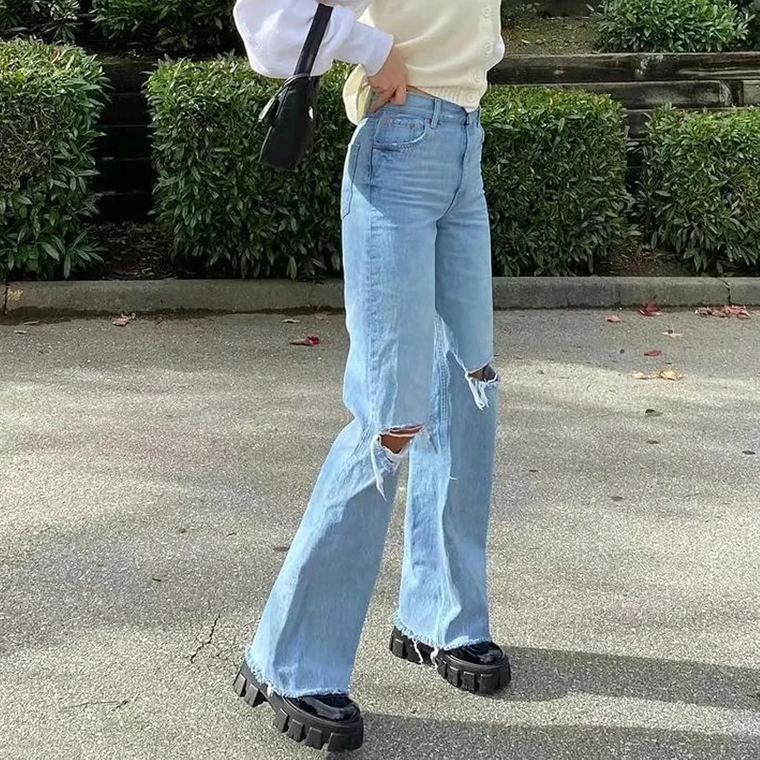Baggy Jeans, Women's Boyfriend Jeans with Destructed Blown Knee and Rolled Cuff