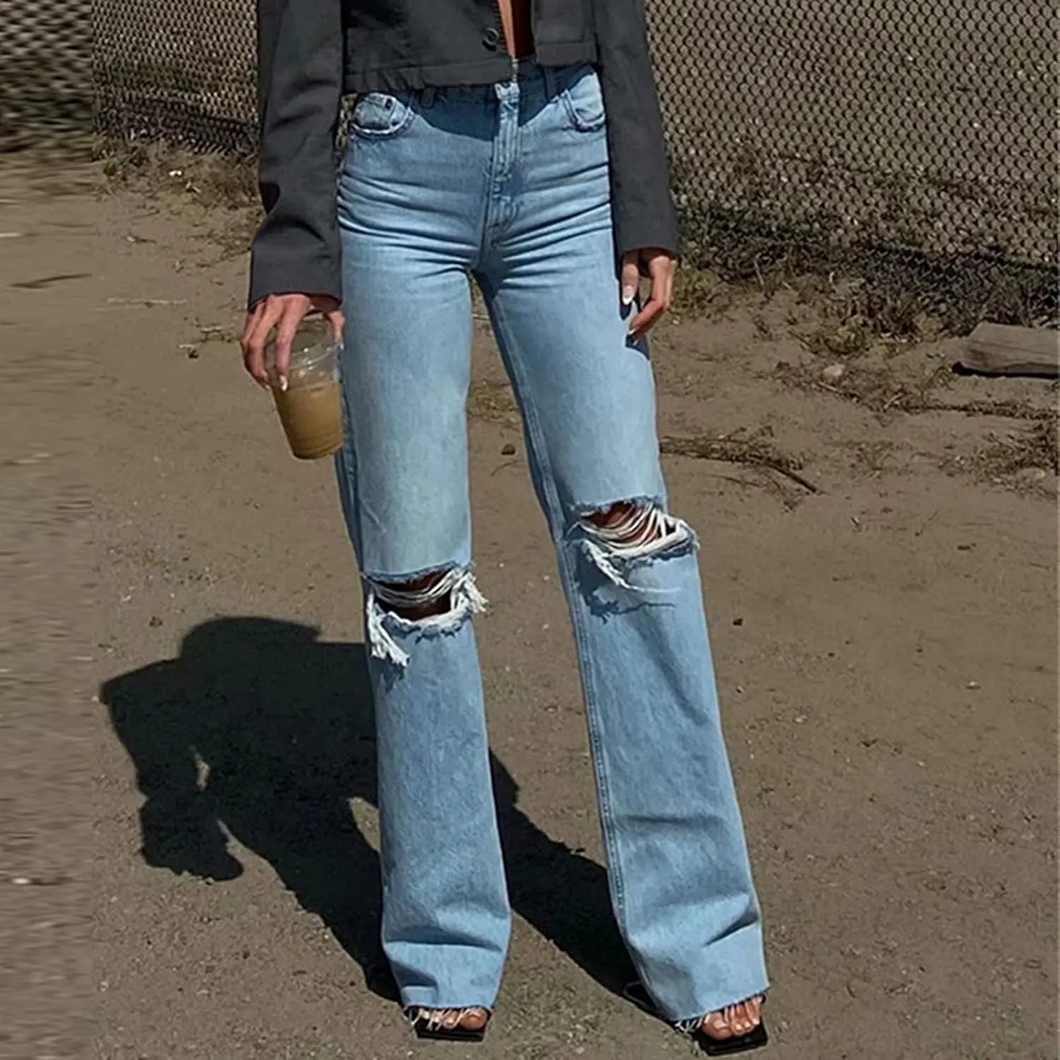 Baggy Jeans, Women's Boyfriend Jeans with Destructed Blown Knee and Rolled Cuff