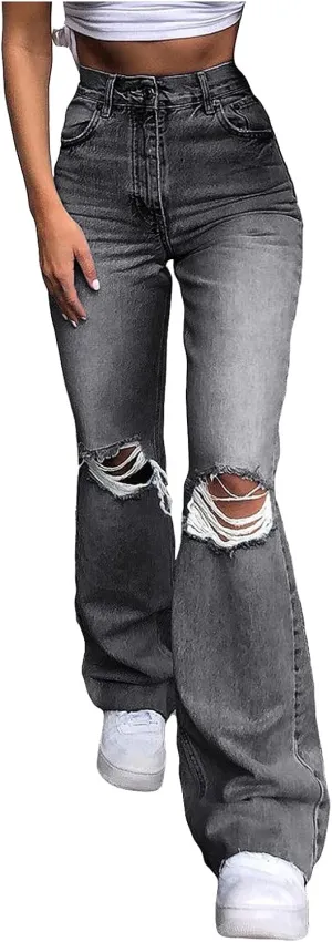 Baggy Jeans, Women's Boyfriend Jeans with Destructed Blown Knee and Rolled Cuff