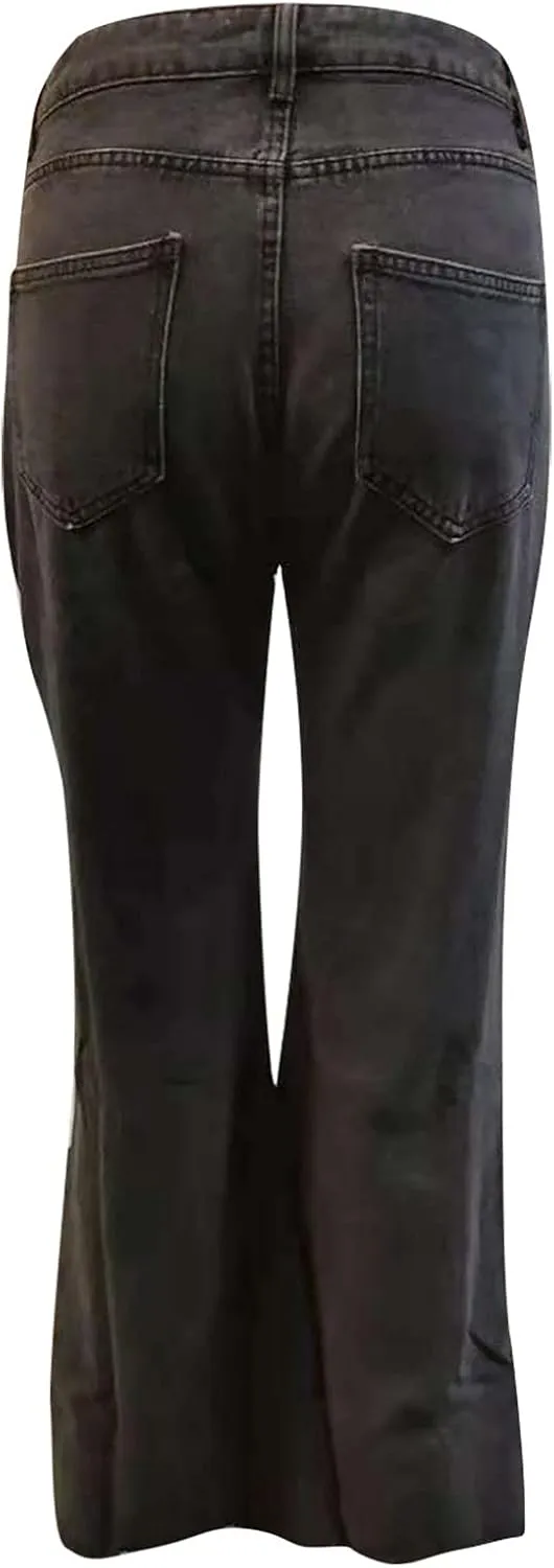 Baggy Jeans, Women's Boyfriend Jeans with Destructed Blown Knee and Rolled Cuff