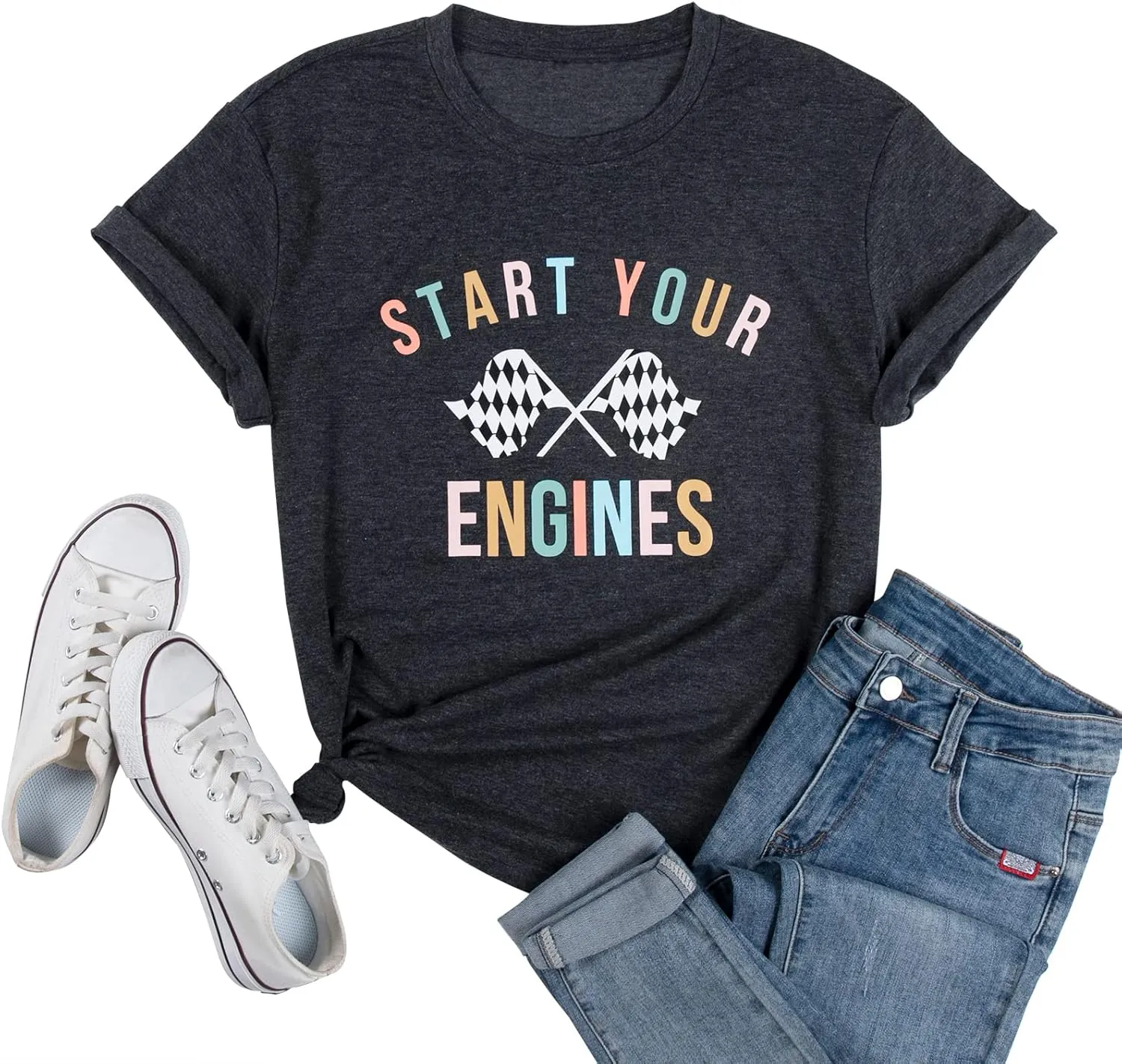 BANGELY Start Your Engines Tshirt Checkered Flag Racing Shirts Raceday Casual Unisex Short Sleeve Tee Tops