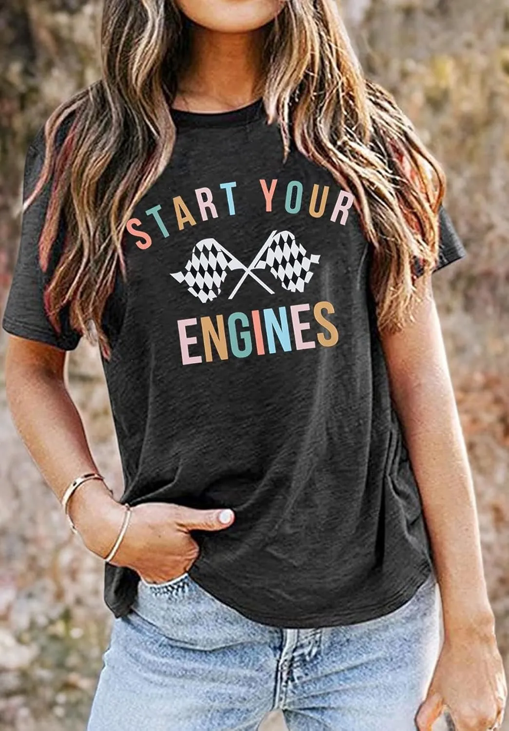 BANGELY Start Your Engines Tshirt Checkered Flag Racing Shirts Raceday Casual Unisex Short Sleeve Tee Tops