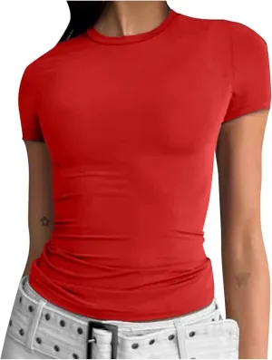 Basic Slim Fit Short Sleeve Tops Womens Summer 2025 Crew Neck Tops Fashion Basic Tee Shirts Casual Going Out Top