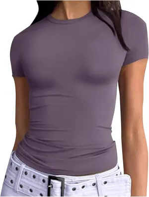 Basic Slim Fit Short Sleeve Tops Womens Summer 2025 Crew Neck Tops Fashion Basic Tee Shirts Casual Going Out Top
