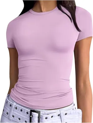 Basic Slim Fit Short Sleeve Tops Womens Summer 2025 Crew Neck Tops Fashion Basic Tee Shirts Casual Going Out Top