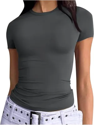 Basic Slim Fit Short Sleeve Tops Womens Summer 2025 Crew Neck Tops Fashion Basic Tee Shirts Casual Going Out Top
