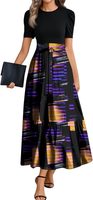 Beach Boho Womens Dresses, 2025 Geometric Print Maxi Women's Jumpsuits Elegant Bow Crew Neck Womens Romper