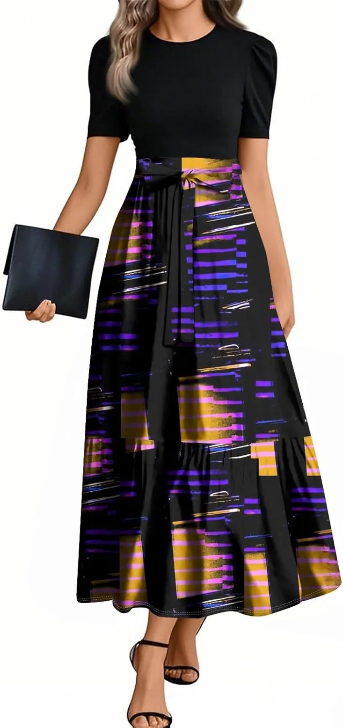 Beach Boho Womens Dresses, 2025 Geometric Print Maxi Women's Jumpsuits Elegant Bow Crew Neck Womens Romper